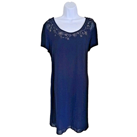 Liz Claiborne Dress Women's 14 Navy Blue Sheer Overlay Embroidered Neckline Zip - Picture 2 of 13